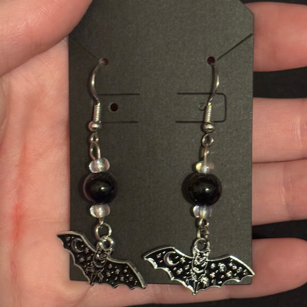Silver Bat Earrings with Black Beads